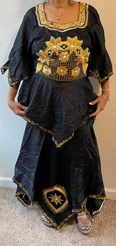 African Skirt Set made in Ghana in Black Color has beautiful Gold embroidery!