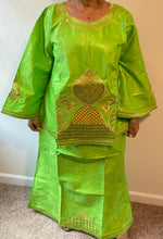 Load image into Gallery viewer, African Skirt Set made in Ghana in Lime Green Color with Gold embroidery is Stunning!