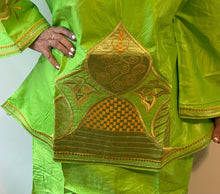 Load image into Gallery viewer, African Skirt Set made in Ghana in Lime Green Color with Gold embroidery is Stunning!