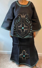 Load image into Gallery viewer, African Skirt Set made in Ghana in Blackish Blue Linen has beautiful embroidery!